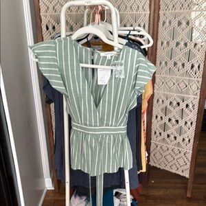 Chic Green Striped Ruffle Sleeve Top